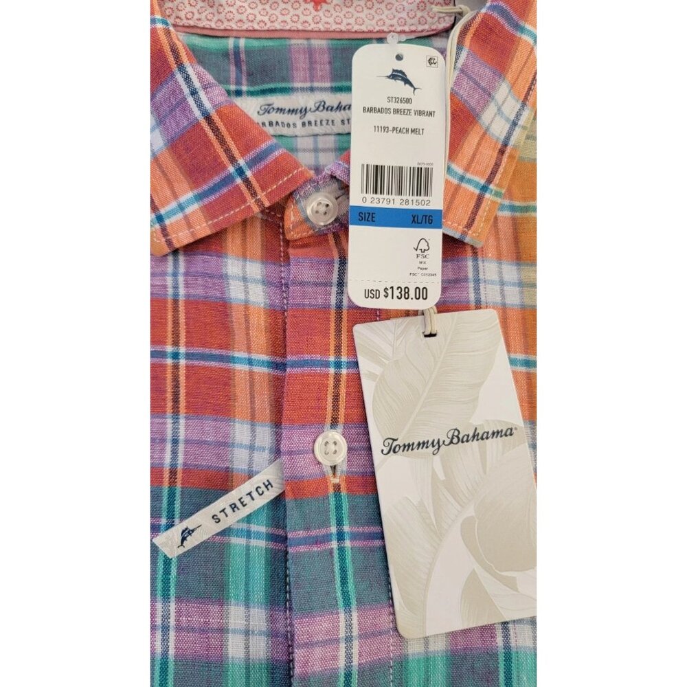 Tommy Bahama Barbados Breeze Stretch Linen Shirt Mens X-Large Peach Melt Plaid - Picture 7 of 7